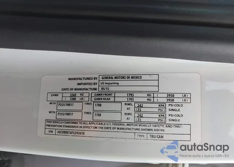 2015 Chevrolet Silverado 1500 1Lt/2Lt z USA, uszkodzony, nr VIN 3GCUKREC6FG392618